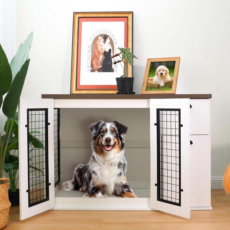 Goohome Dog Crate Furniture for Dogs, 43.70" Dog Kennel with Drawers and Lockers, Sturdy Dog Furniture Style Double Cage for Small Medium Dog, Indoor Dog House End Table