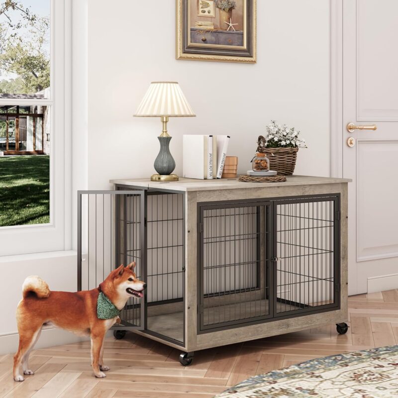 Dog Crate Furniture, 38.6 inch Wooden Dog Kennel with Double Doors, Lift Top and Wheels, Heavy Duty Indoor Dog House for Small Medium Large Dogs, Chew-Resistant Dog Cage End Table, Grey