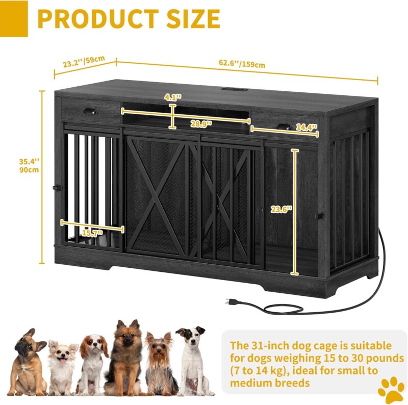 DWVO 63 Inch Double Dog Crate Furniture for 2 Dogs, Heavy Duty Wooden Dog Crate TV Stand with Charging Station, Dog Kennel Indoor Furniture Double Sliding Barn Door Design Ideal for 2 Dogs, Grey - Image 3