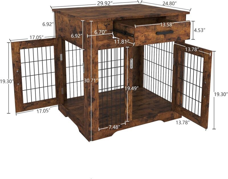 Wood Dog Crate Furniture Dog Kennel Indoor with Drawers Storage Dog Crate End Table with 2 Doors Decorative Pet House Chew Resistance and Easy Installation Rustic Brown - Image 4