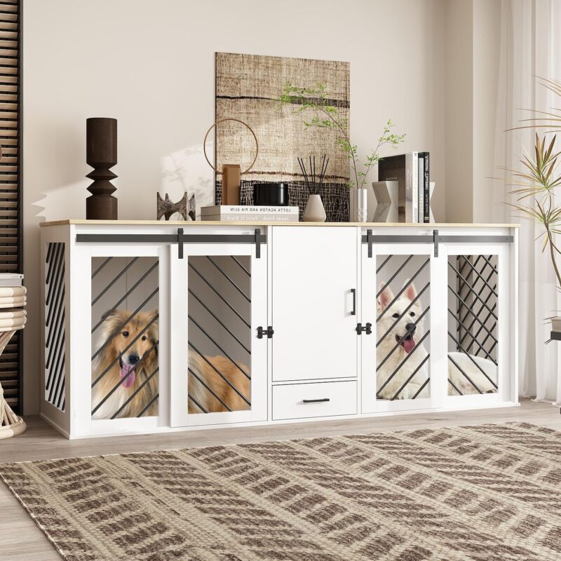 Furniture Dog Crate,81.5" Heavy Duty Wooden Dog Cage Kennel with a Storage Drawer, Shelves,Sliding Doors,Indoor Furniture Style Dog Crate Table,Dog House for Medium Dogs,White