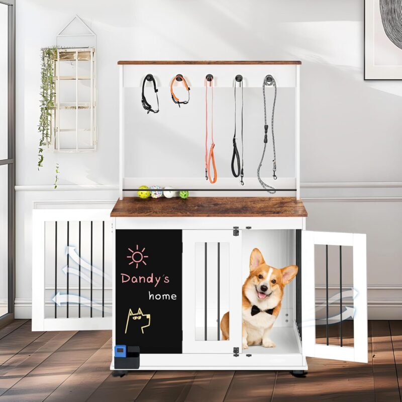 Dog Crate Furniture for Large and Medium Dogs, Wooden Indoor Dog Kennel with Storage Function and Blackboard Dog House Decorative Modern Pet Cage Table, End Table, Nightstand - Image 2