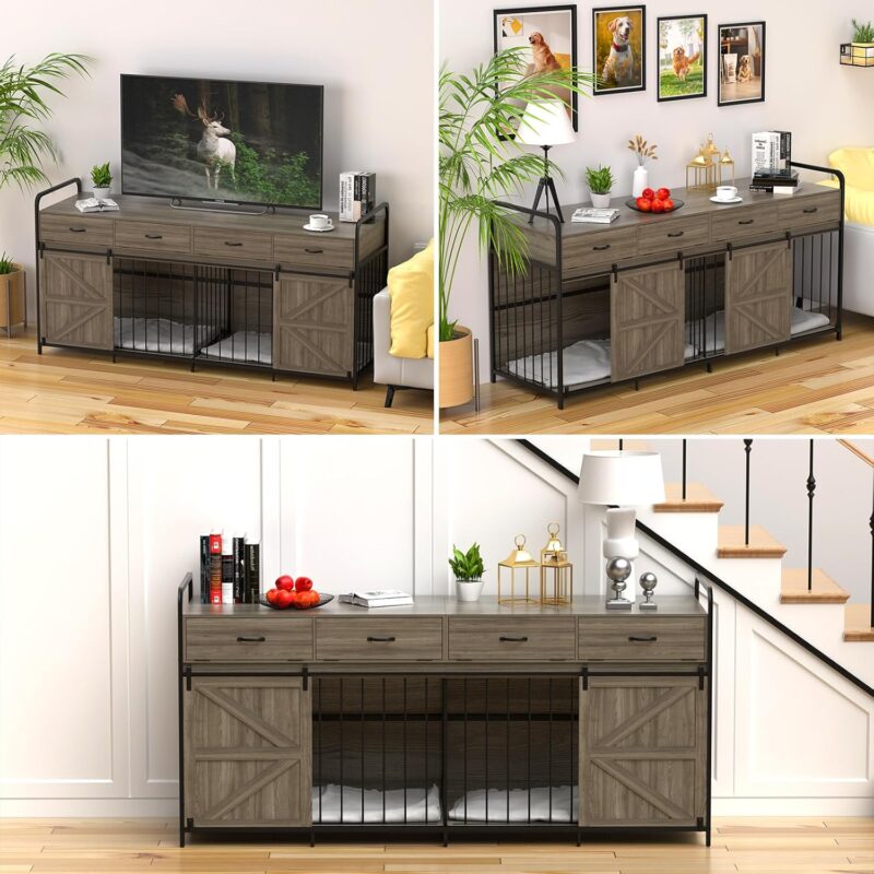 78.7 Inch Extra Large Dog Crate Furniture, Heavy Duty Wooden Double Dog Crates with 4 Drawer, Furniture Style Kennel TV Stand Side End Table for Large Dogs (Gray) - Image 6