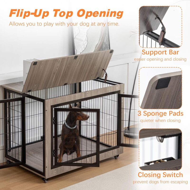 Rustic Multi-Function Dog Crate Furniture - Large Size, Sturdy MDF & Metal Construction, Easy Assembly, Chew-Resistant for Your Beloved Pet (Grey) - Image 9