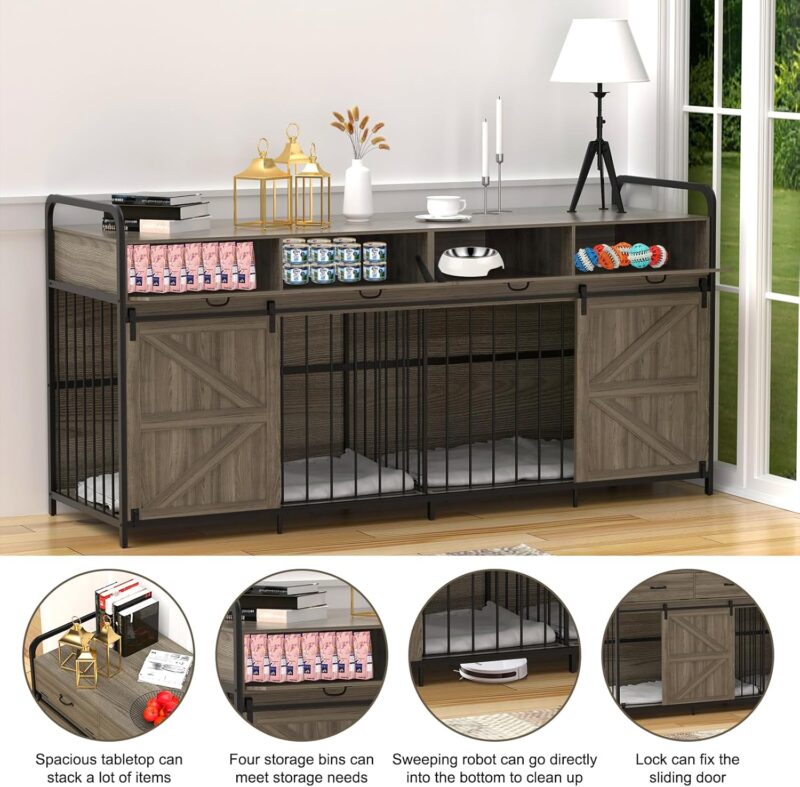 78.7 Inch Extra Large Dog Crate Furniture, Heavy Duty Wooden Double Dog Crates with 4 Drawer, Furniture Style Kennel TV Stand Side End Table for Large Dogs (Gray) - Image 5