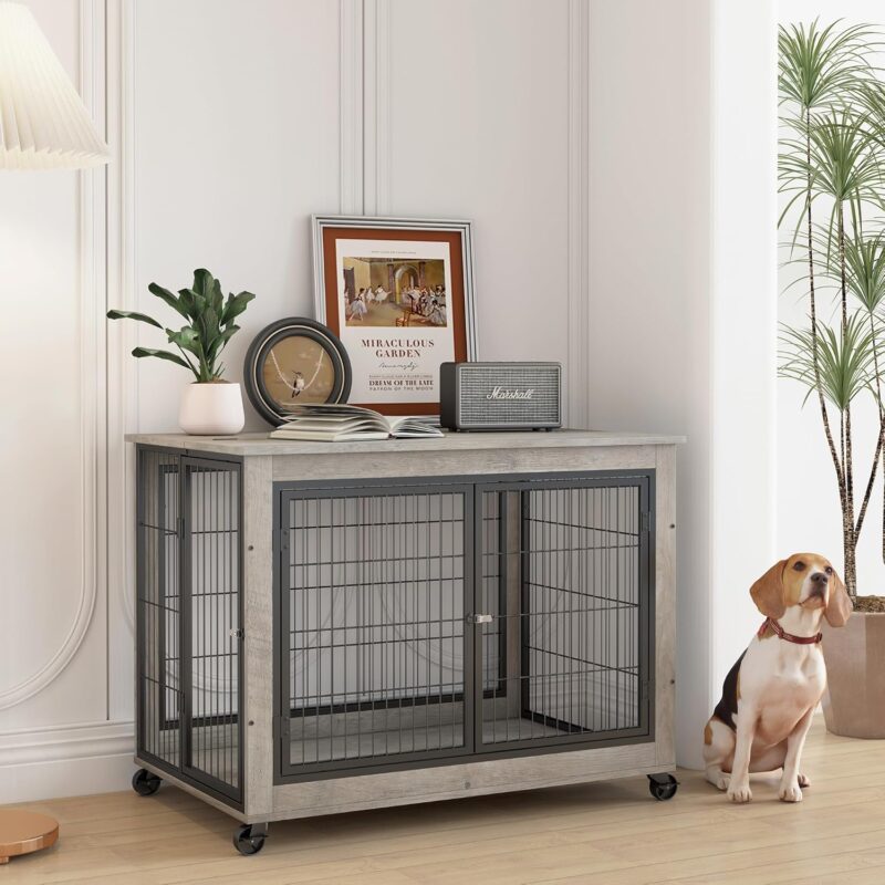 Dog Crate Furniture, 38.6 inch Wooden Dog Kennel with Double Doors, Lift Top and Wheels, Heavy Duty Indoor Dog House for Small Medium Large Dogs, Chew-Resistant Dog Cage End Table, Grey - Image 5