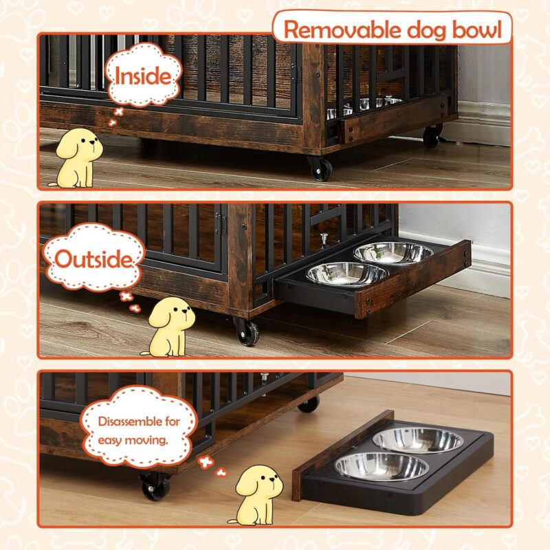 Dog Crate Furniture with Pull-Out Dog Bowls,Wooden Dog Kennel End Table with Wheels & Flip-Top,Indoor Dog House for Small/Medium Dog Cat,Easy Installation Brown 43.7" W x 30" D x 33.7" H - Image 5
