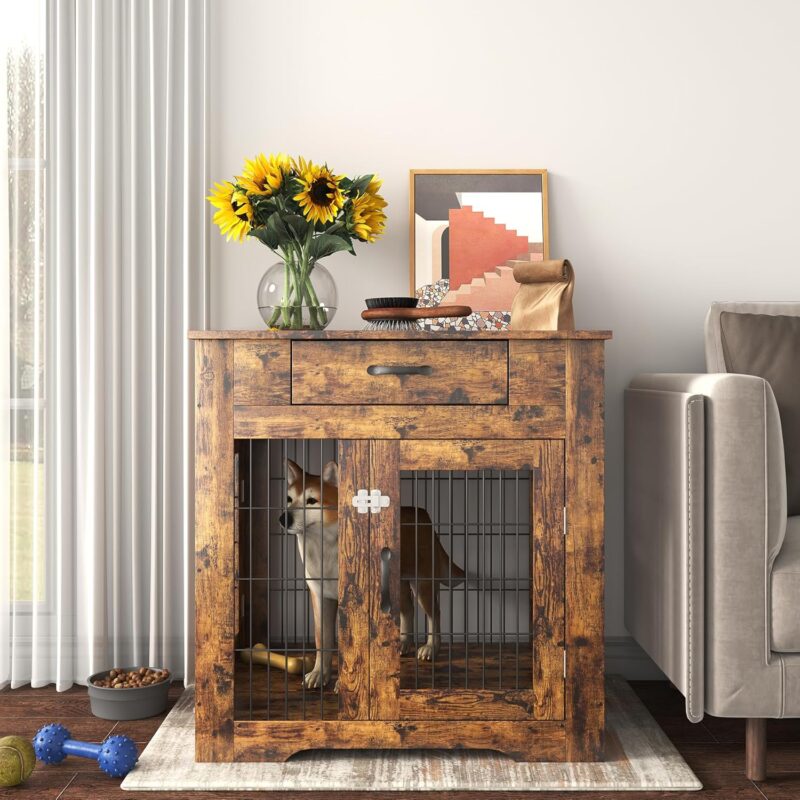 Wood Dog Crate Furniture Dog Kennel Indoor with Drawers Storage Dog Crate End Table with 2 Doors Decorative Pet House Chew Resistance and Easy Installation Rustic Brown - Image 2