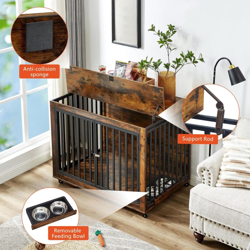 Dog Crate Furniture with Pull-Out Dog Bowls,Wooden Dog Kennel End Table with Wheels & Flip-Top,Indoor Dog House for Small/Medium Dog Cat,Easy Installation Brown 43.7" W x 30" D x 33.7" H - Image 2