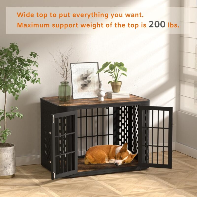 42 inch Heavy Duty Dog Crate Furniture, Rounded Corner Kennel for Medium and Large Dogs, Decorative Pet Cage End Table, Brown, Wooden Cage Kennel Furniture Indoor - Image 3