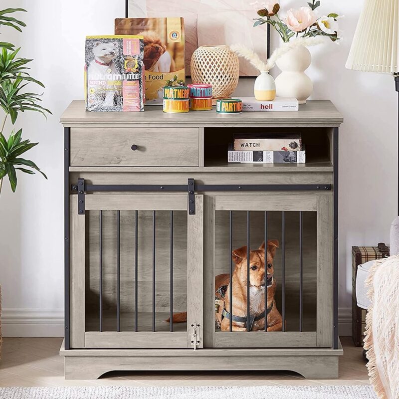Dog Crate Furniture with Sliding Barn Door, 35'' Wooden Kennel for Small Medium Dog, Rustic Style Decorative Cage Drawers and Storage Shelf, Easy Assembly (Rustic Gray) (W11625739-0) - Image 2