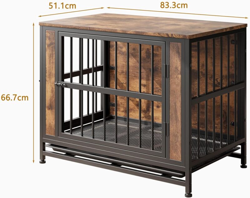 Medium/Small Dog Crate Table Wooden Kennel 32.8" Iron Door Frame Indoor Pet House Rustic Brown - Image 3