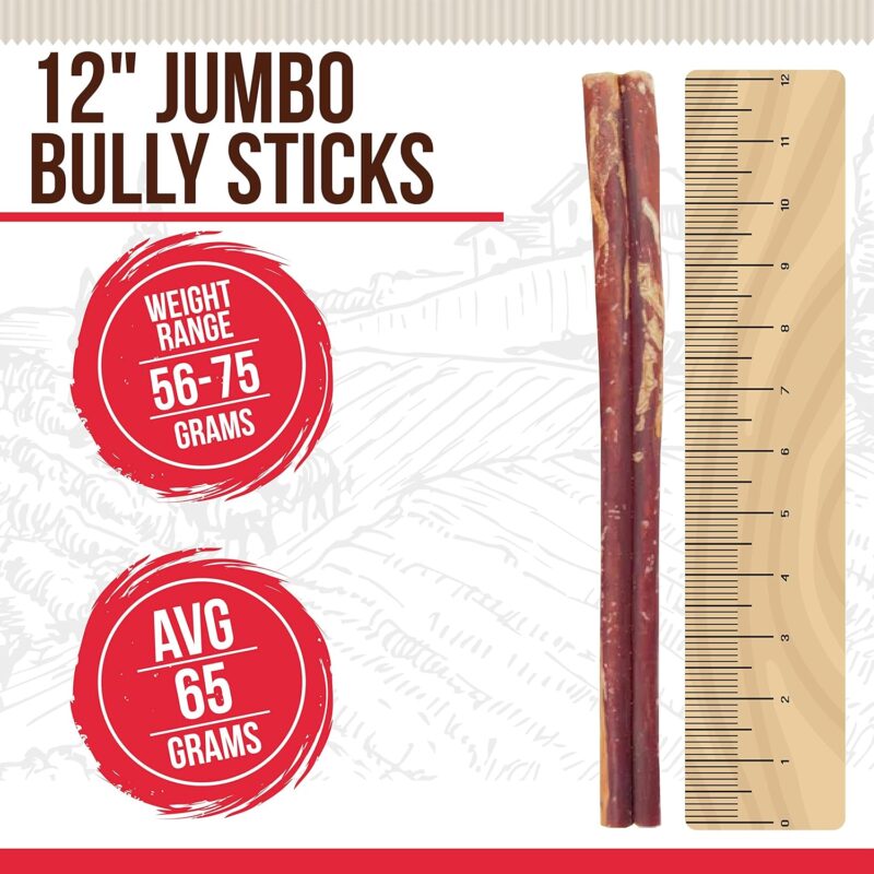 Jumbo Bully Sticks for Dogs 100% Natural And Delicious Treats Odor And Rawhide Free Long Lasting Great For Joint & Dental Health For All Breed Sizes Dogs and Puppies - 12 inch (3 Count)