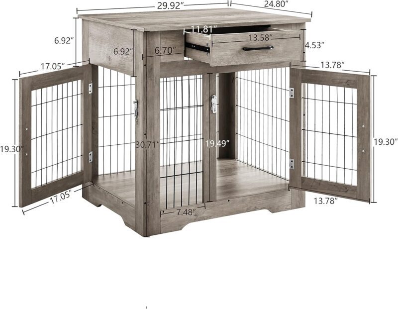 Furniture Style Dog Crate End Table with Drawer,Pet Kennels with Double Doors,Dog House Indoor Use,Weathered Grey,30" W x 24.8" D x 30.7" H - Image 5