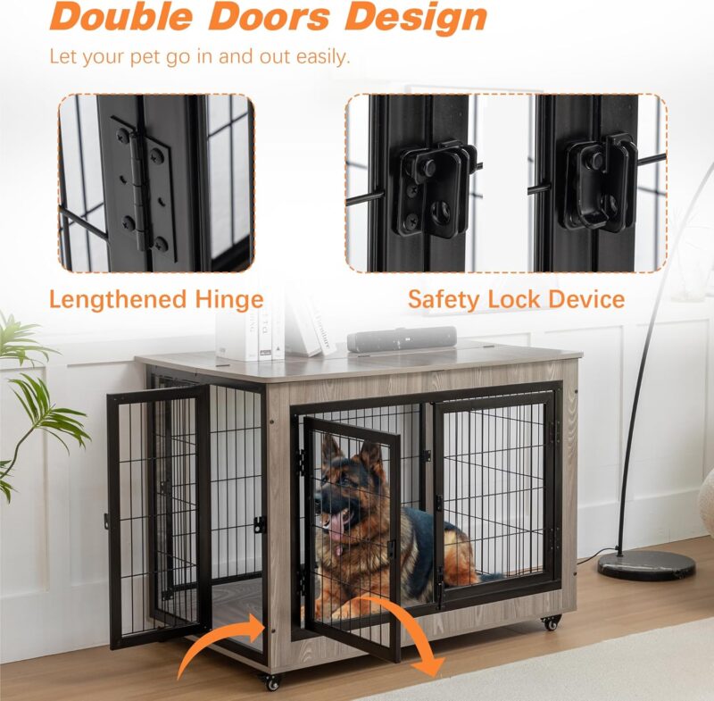 Rustic Multi-Function Dog Crate Furniture - Large Size, Sturdy MDF & Metal Construction, Easy Assembly, Chew-Resistant for Your Beloved Pet (Grey) - Image 6