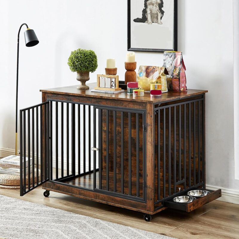 Dog Crate Furniture with Pull-Out Dog Bowls,Wooden Dog Kennel End Table with Wheels & Flip-Top,Indoor Dog House for Small/Medium Dog Cat,Easy Installation Brown 43.7" W x 30" D x 33.7" H