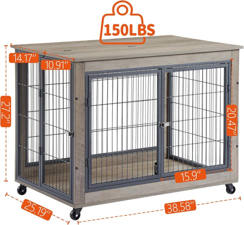 Dog Crate Furniture, 38.6 inch Wooden Dog Kennel with Double Doors, Lift Top and Wheels, Heavy Duty Indoor Dog House for Small Medium Large Dogs, Chew-Resistant Dog Cage End Table, Grey - Image 7