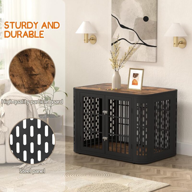 42 inch Heavy Duty Dog Crate Furniture, Rounded Corner Kennel for Medium and Large Dogs, Decorative Pet Cage End Table, Brown, Wooden Cage Kennel Furniture Indoor - Image 4