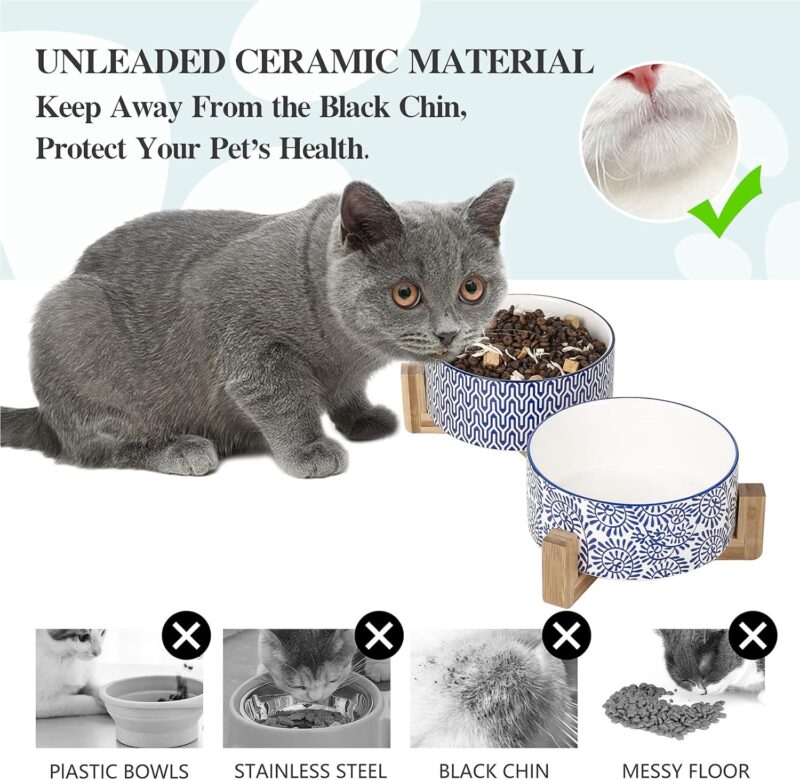 Selamica Ceramic 14 OZ Dog Bowls, Dog Food and Water Bowls with Wooden Stand, Anti-Slip Dog Dishes Set for Cats & Small Dogs, Weighted Pet Bowls Set of 2, Vintage Blue B - Image 4