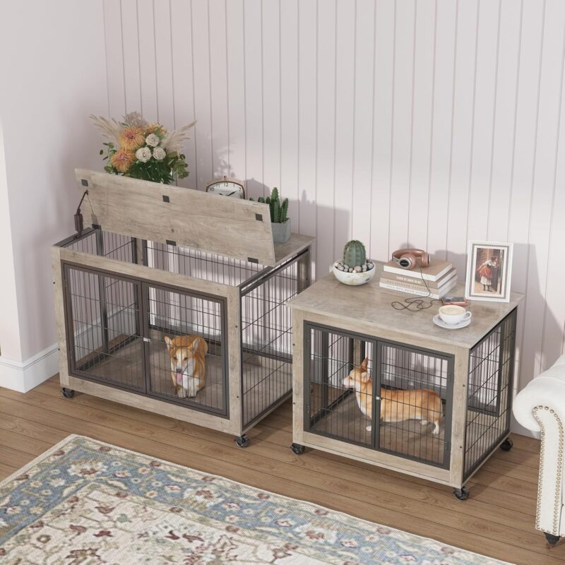 Dog Crate Furniture, 38.6 inch Wooden Dog Kennel with Double Doors, Lift Top and Wheels, Heavy Duty Indoor Dog House for Small Medium Large Dogs, Chew-Resistant Dog Cage End Table, Grey - Image 2