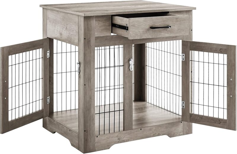 Furniture Style Dog Crate End Table with Drawer,Pet Kennels with Double Doors,Dog House Indoor Use,Weathered Grey,30" W x 24.8" D x 30.7" H - Image 12