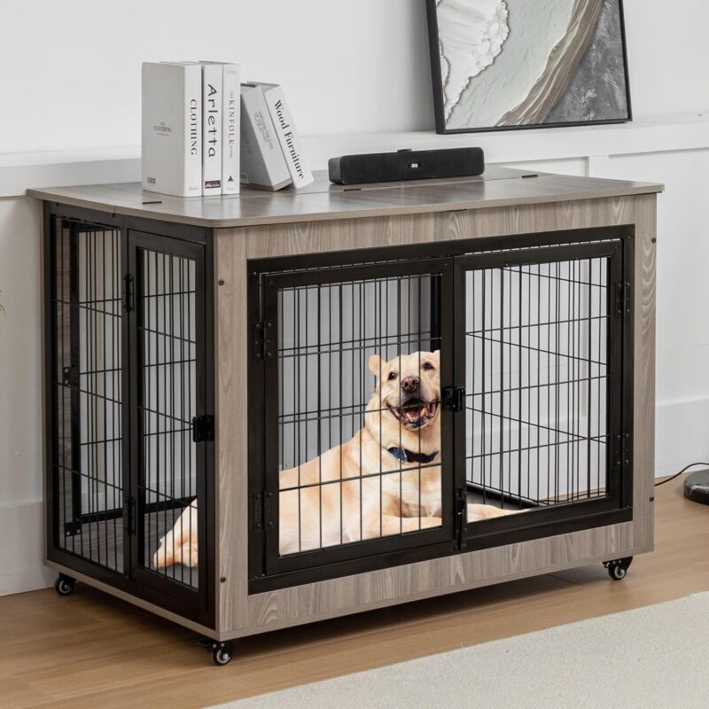 43in Dog Crate Furniture, Large Dog Kennel, Wooden Pet Furniture with Pull-Out Tray, Home and Indoor Use, Double Door Modern Side End Table for Medium/Large/Small Dog (Grey, 43IN)