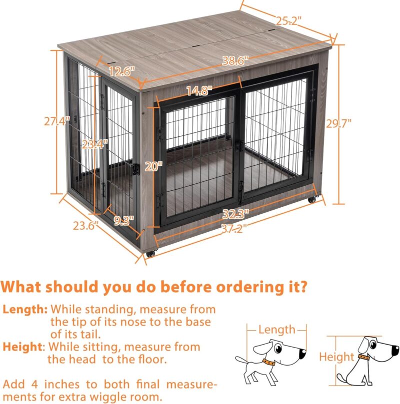 Stylish Multi-Function Rustic Dog Crate Furniture - Grey & Brown - Easy Assembly - MDF & Metal - Perfect for Pets (Grey) - Image 4