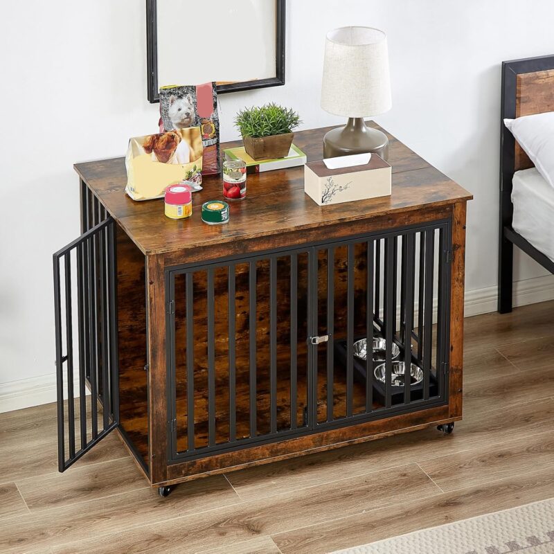 Dog Crate Furniture with Pull-Out Dog Bowls,Wooden Dog Kennel End Table with Wheels & Flip-Top,Indoor Dog House for Small/Medium Dog Cat,Easy Installation Brown 43.7" W x 30" D x 33.7" H - Image 3