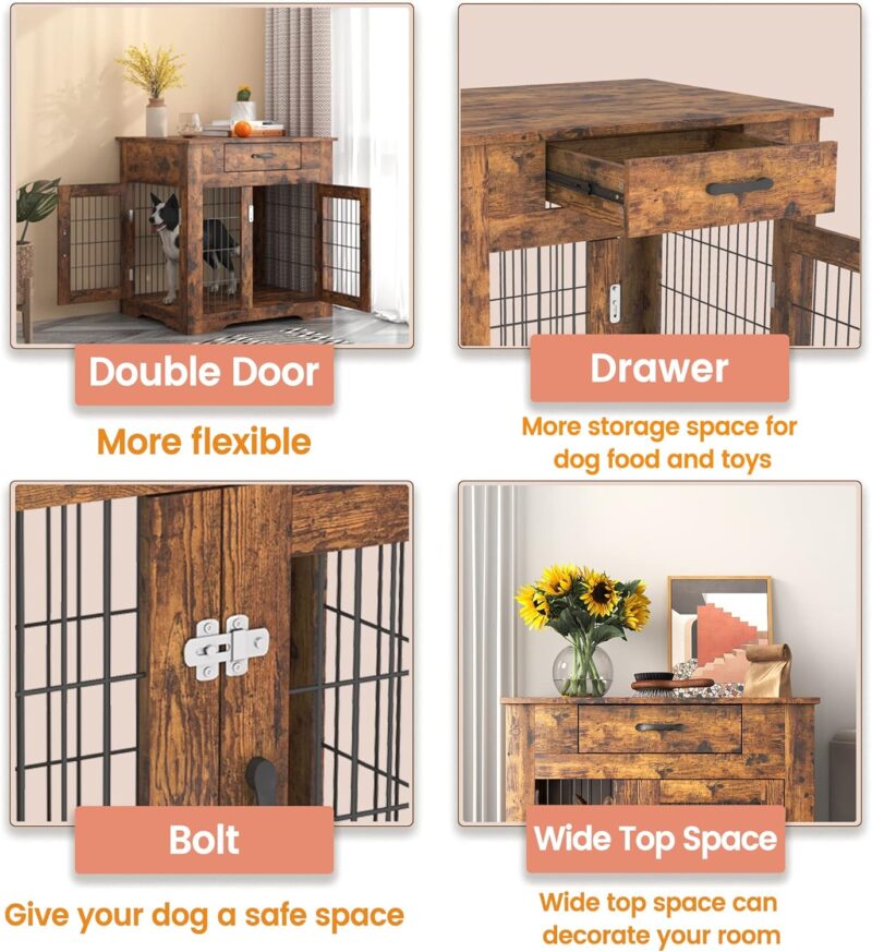 Wood Dog Crate Furniture Dog Kennel Indoor with Drawers Storage Dog Crate End Table with 2 Doors Decorative Pet House Chew Resistance and Easy Installation Rustic Brown - Image 3