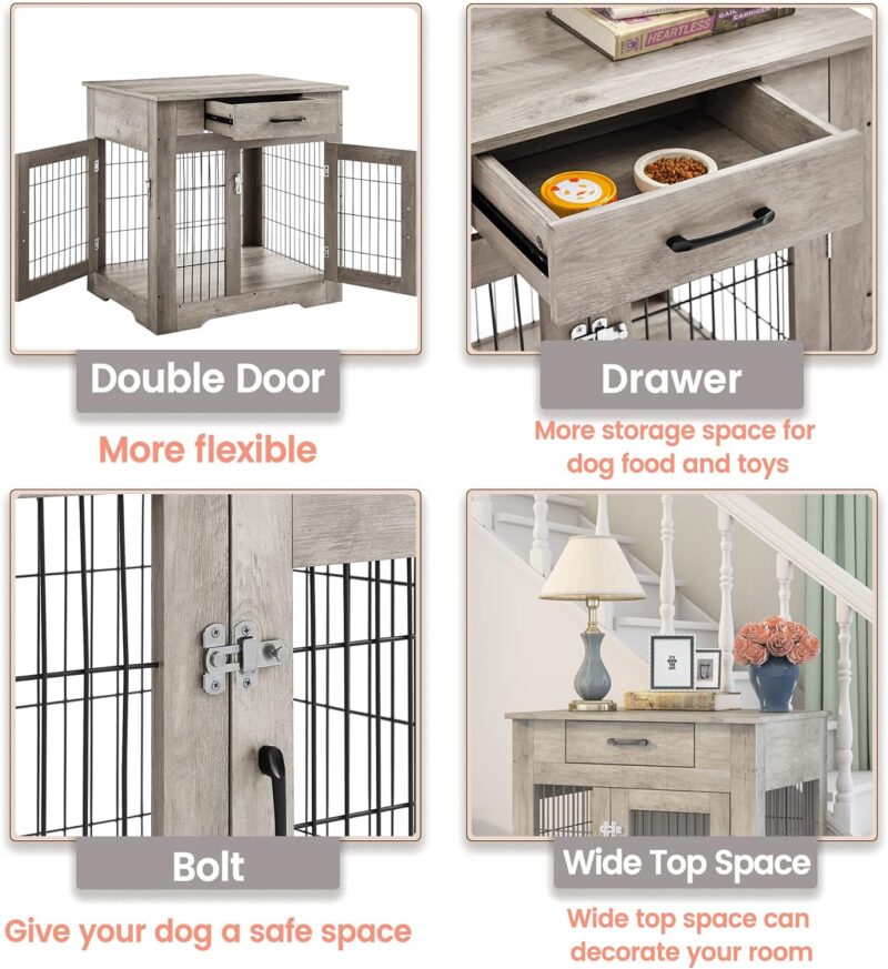 Furniture Style Dog Crate End Table with Drawer,Pet Kennels with Double Doors,Dog House Indoor Use,Weathered Grey,30" W x 24.8" D x 30.7" H - Image 4