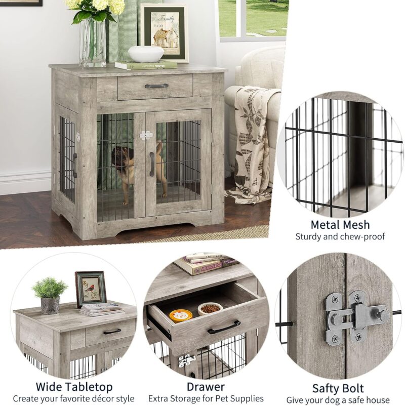 KIVENJAJA Furniture Style Dog Crate End Table for Small to Medium Dogs, Wooden Dog Kennel with Drawer & Double Doors, Decorative Dog House Pet Cage Indoor Use, Weathered Grey - Image 3