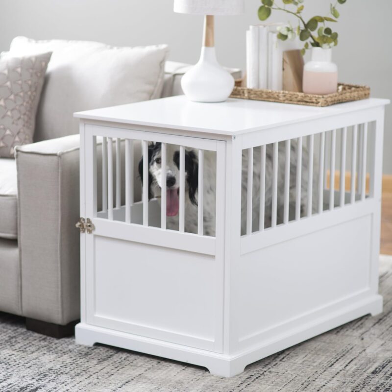 Durable Wood Construction,Well-Ventilated with 1 Door Newport II Pet Large Crate End Table White Finish