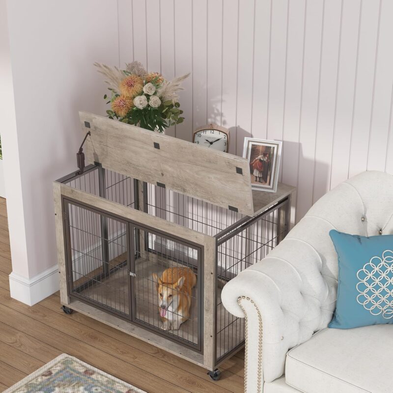 Dog Crate Furniture, 38.6 inch Wooden Dog Kennel with Double Doors, Lift Top and Wheels, Heavy Duty Indoor Dog House for Small Medium Large Dogs, Chew-Resistant Dog Cage End Table, Grey - Image 4