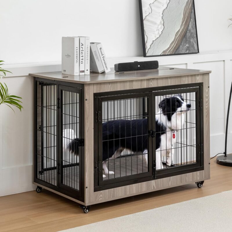 Stylish Multi-Function Rustic Dog Crate Furniture - Grey & Brown - Easy Assembly - MDF & Metal - Perfect for Pets (Grey) - Image 3