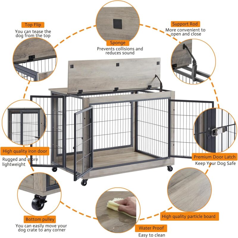 Dog Crate Furniture, 38.6 inch Wooden Dog Kennel with Double Doors, Lift Top and Wheels, Heavy Duty Indoor Dog House for Small Medium Large Dogs, Chew-Resistant Dog Cage End Table, Grey - Image 3