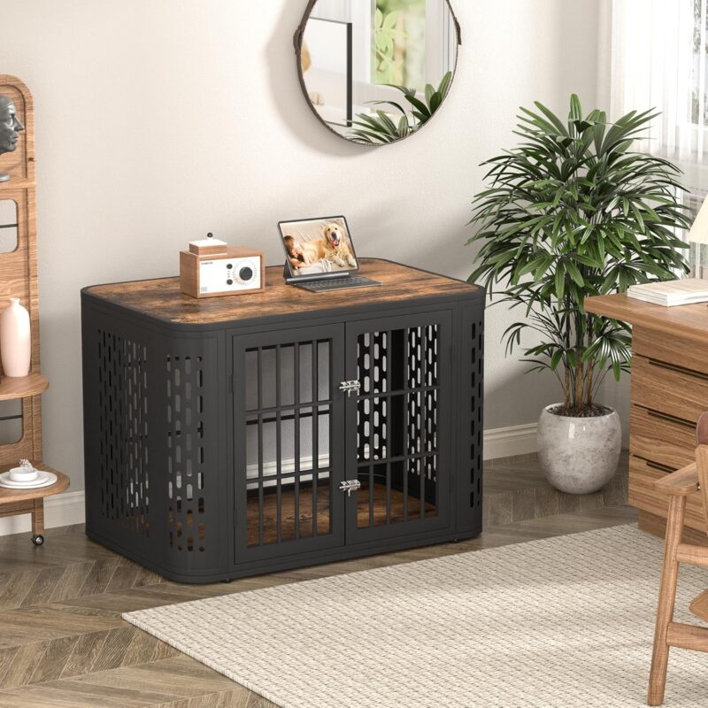 42 inch Heavy Duty Dog Crate Furniture, Rounded Corner Kennel for Medium and Large Dogs, Decorative Pet Cage End Table, Brown, Wooden Cage Kennel Furniture Indoor - Image 2