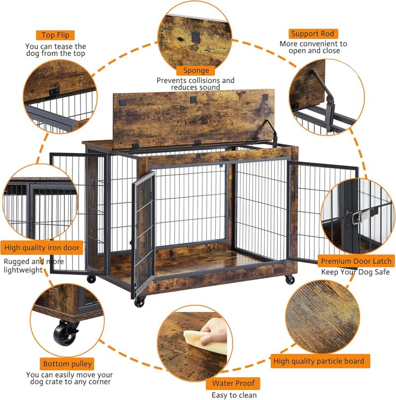 Premium Wooden Dog Crate with Rolling Wheels & Multi-Entry Points - Perfect for Medium-Sized Pets & Seamless Interior Design (Rustic Brown) - Image 3