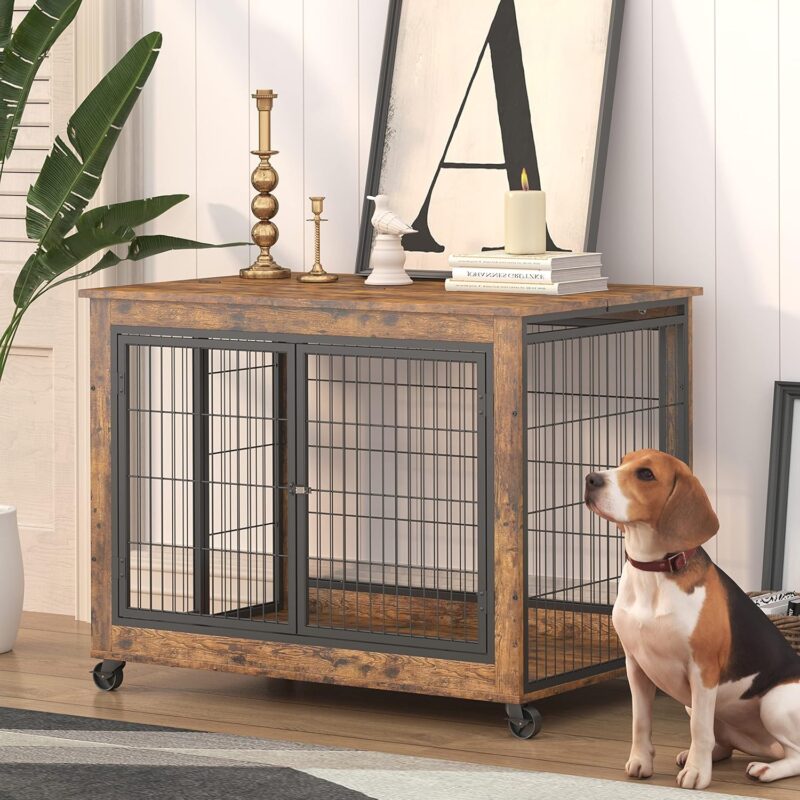 Premium Wooden Dog Crate with Rolling Wheels & Multi-Entry Points - Perfect for Medium-Sized Pets & Seamless Interior Design (Rustic Brown) - Image 4