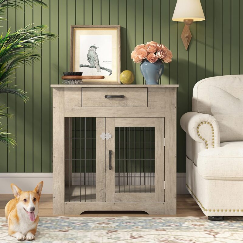 Furniture Style Dog Crate End Table with Drawer,Pet Kennels with Double Doors,Dog House Indoor Use,Weathered Grey,30" W x 24.8" D x 30.7" H - Image 2