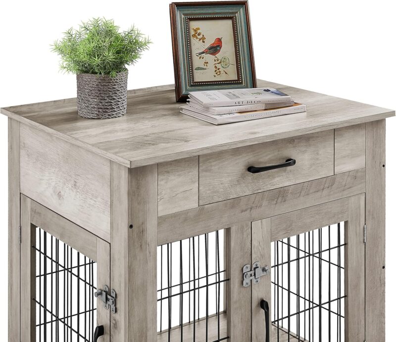 Furniture Style Dog Crate End Table with Drawer,Pet Kennels with Double Doors,Dog House Indoor Use,Weathered Grey,30" W x 24.8" D x 30.7" H - Image 9