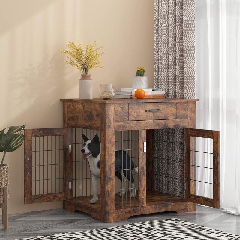 Wood Dog Crate Furniture Dog Kennel Indoor with Drawers Storage Dog Crate End Table with 2 Doors Decorative Pet House Chew Resistance and Easy Installation Rustic Brown - Image 7