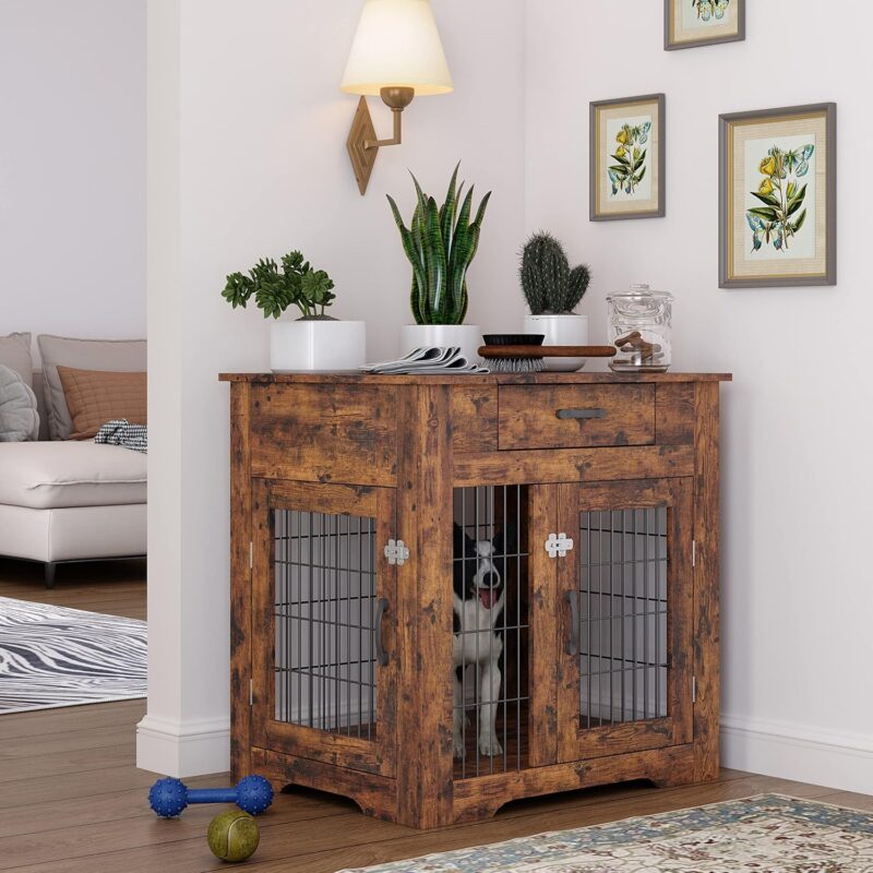 Wood Dog Crate Furniture Dog Kennel Indoor with Drawers Storage Dog Crate End Table with 2 Doors Decorative Pet House Chew Resistance and Easy Installation Rustic Brown - Image 6