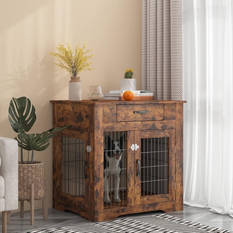 Wood Dog Crate Furniture Dog Kennel Indoor with Drawers Storage Dog Crate End Table with 2 Doors Decorative Pet House Chew Resistance and Easy Installation Rustic Brown - Image 8