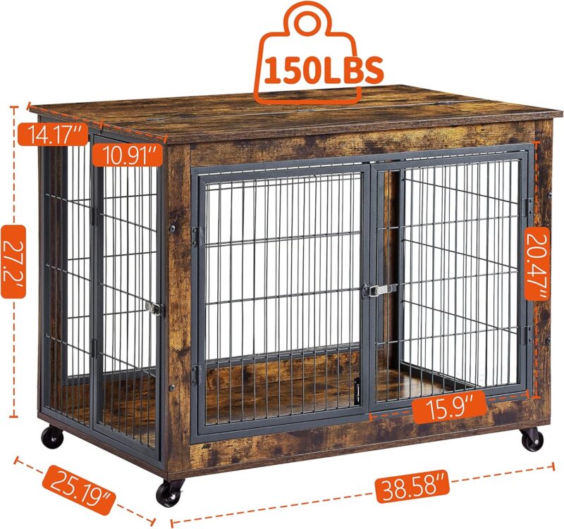 Premium Wooden Dog Crate with Rolling Wheels & Multi-Entry Points - Perfect for Medium-Sized Pets & Seamless Interior Design (Rustic Brown)