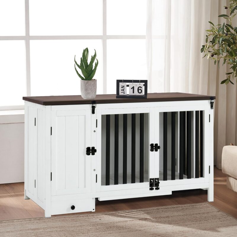 MCombo Wooden Dog Crate Furniture, Indoor Dog Kennel Pet House End Table, Solid Wood Portable Foldable Dog Cage for Small/Medium Dogs, CC44 (White and Brown) - Image 2