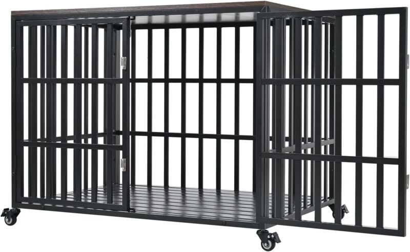 42" Heavy Duty Dog Crate for Large/Medium Dogs Furniture Style Cage with 4 Lockable Wheels & 2 Locks, Indoor Wooden Kennel Decorative Pet House Black - Image 4