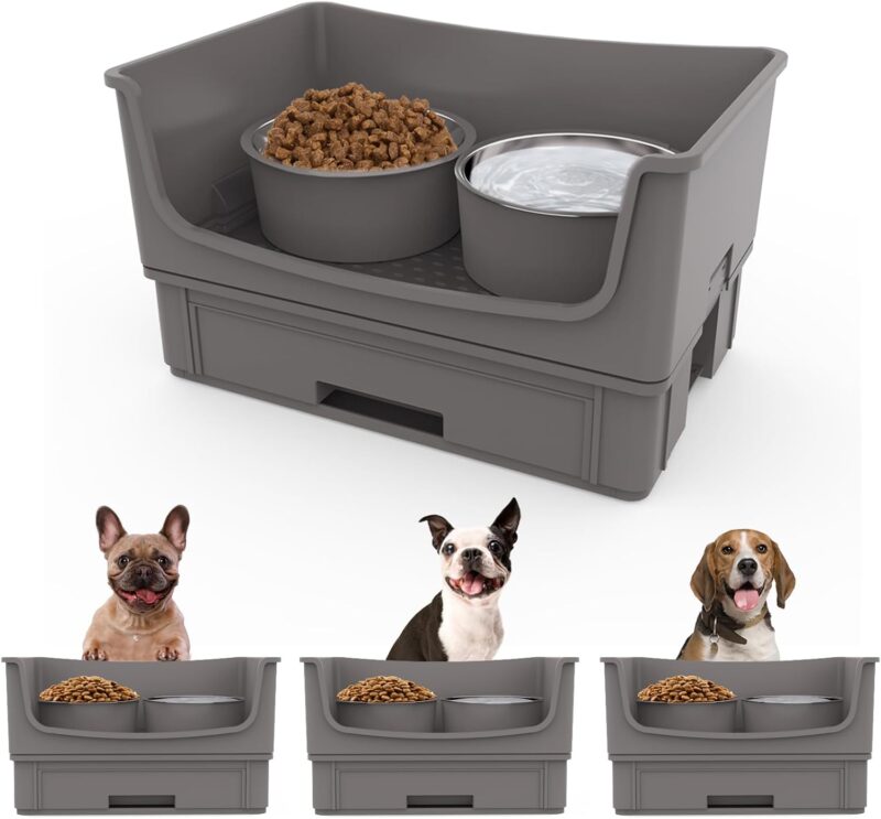 Mess Proof Dog Bowls, No Mess Dog Food and Water Bowl Set, No Spill Edge Pet Feeder with 2 Stainless Steel Bowls for Medium Dogs