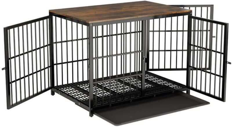 Multipurpose Heavy Duty Dog Crate Kennel Cage with Wooden End Table - Stylish and Functional Furniture Solution for Pets (Black)