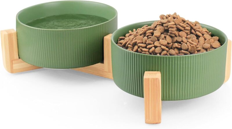 Ptlom Ceramic Pet Bowls for Dog and Cat, No Spill Dog Food and Water Bowl Set with Anti-Slip Wooden Stand, Riased Puppy Feeding Dishes Suitable for Small, Medium and Large Cats Dogs, Green 28 OZ