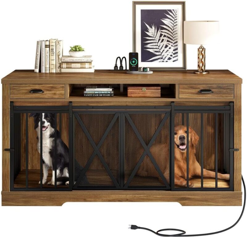 63-Inch Wooden Double Dog Crate & Kennel Furniture - Stylish TV Stand with Power Outlet for Pets (Brown) - Image 2
